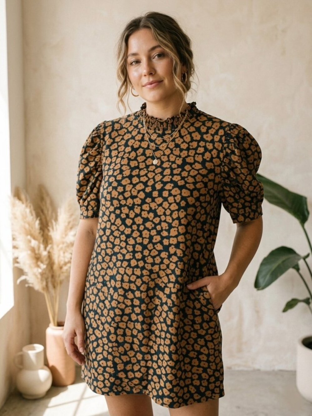 Who What Wear Floral Mock Neck Dress Puff Sleeve Pockets Orange Black XL